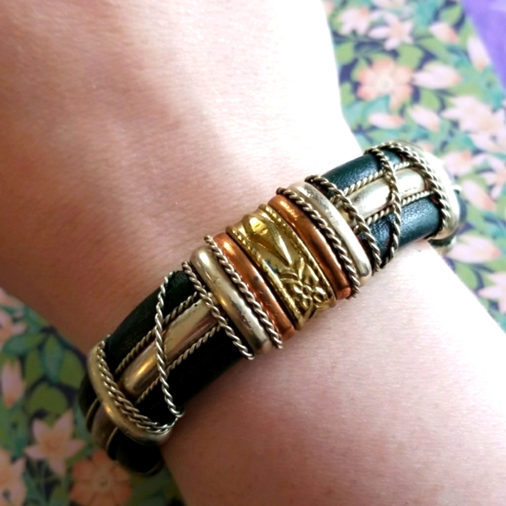 Bracelet - Boho tribal style cuff bracelet black gold silver